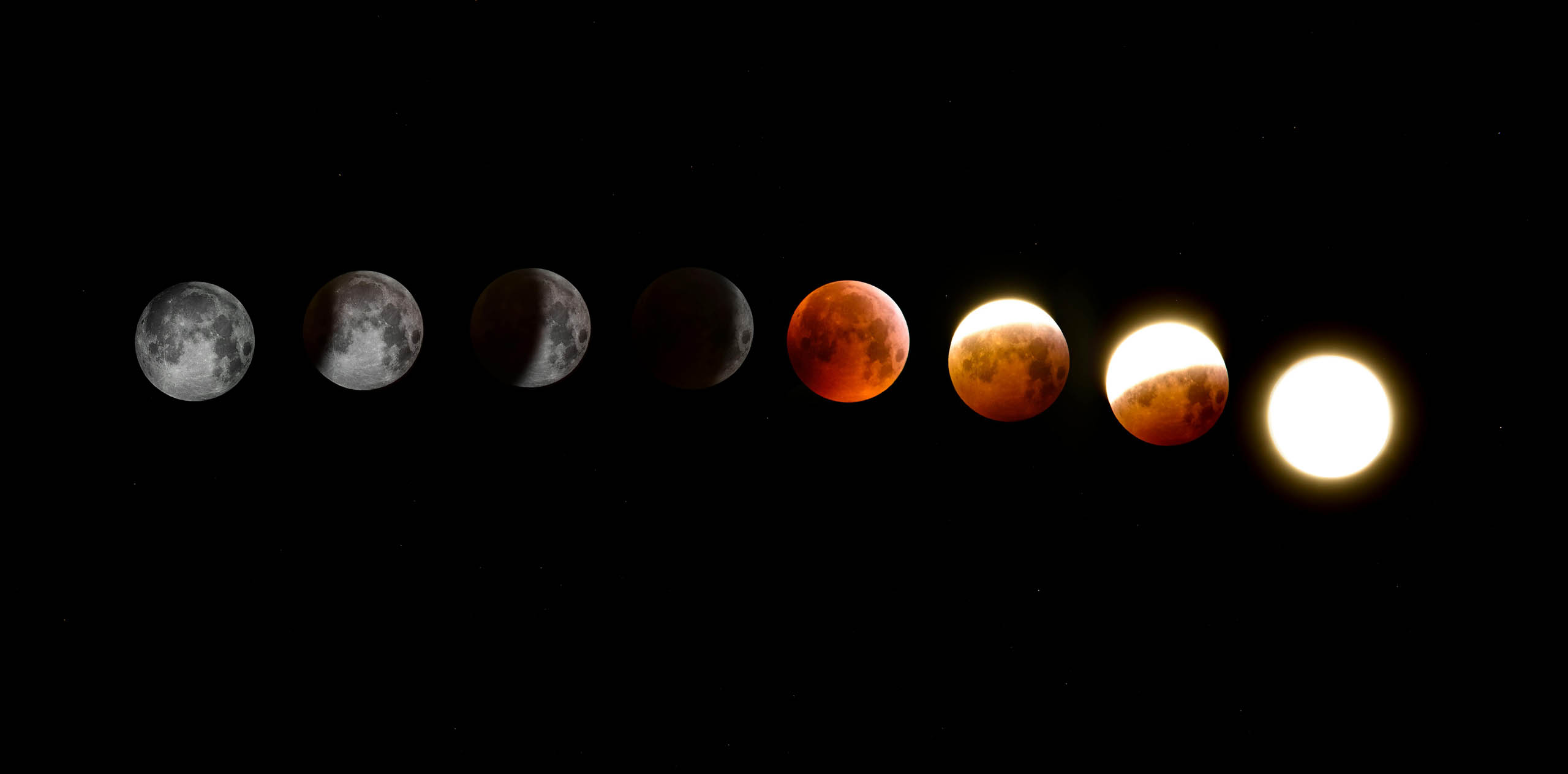 Sequence of solar eclipse phases from full moon to totality and back, showing lunar shadow transition on black sky