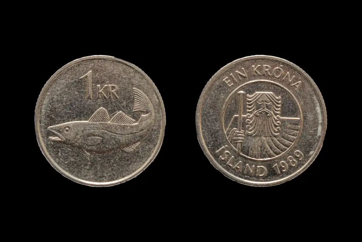 Icelandic Krona currency including ISK banknotes and coins used for prices in Iceland